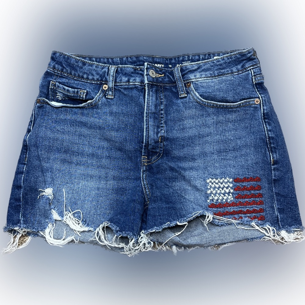 Old Navy Womens Denim Shorts 10 Blue Cut Off High Rise OG Straight USA Flag